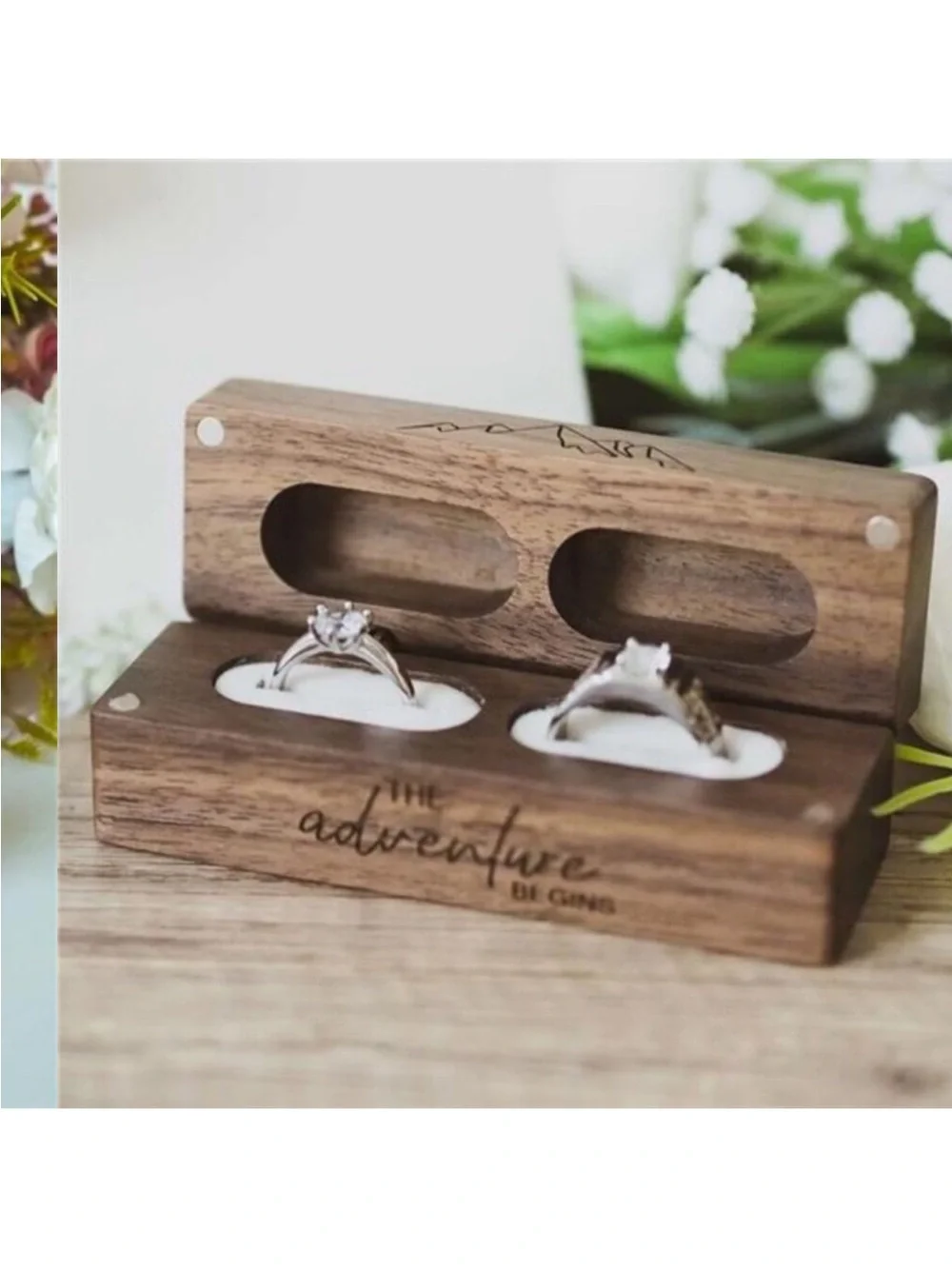 Engraved Flip Wooden 2 Ring box for wedding -Rustic Vintage Solid Wood rectangle